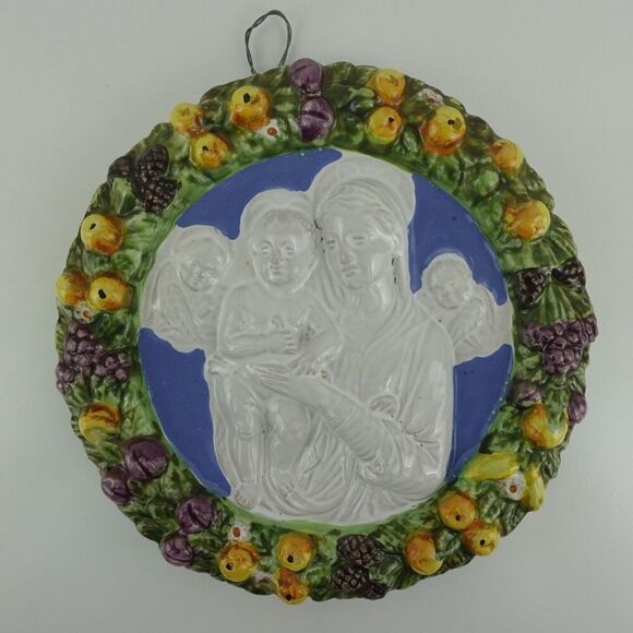 Italian Mary & Jesus with Angels Round Wall Plaque with Fruit Border - Picture 1 of 13
